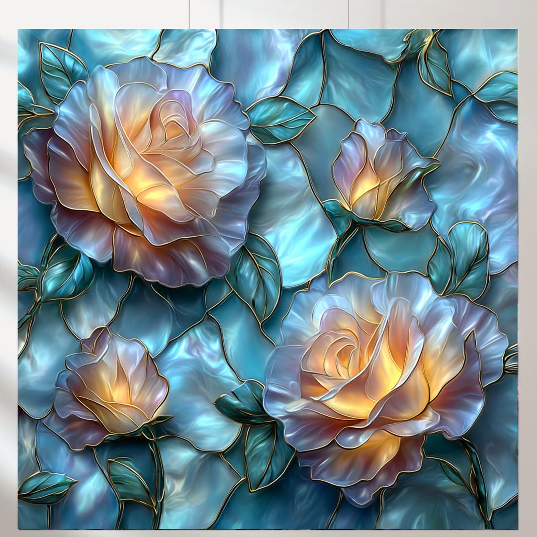 Stained Glass Roses Print Set of 5: Botanical Wall Art (instant ...