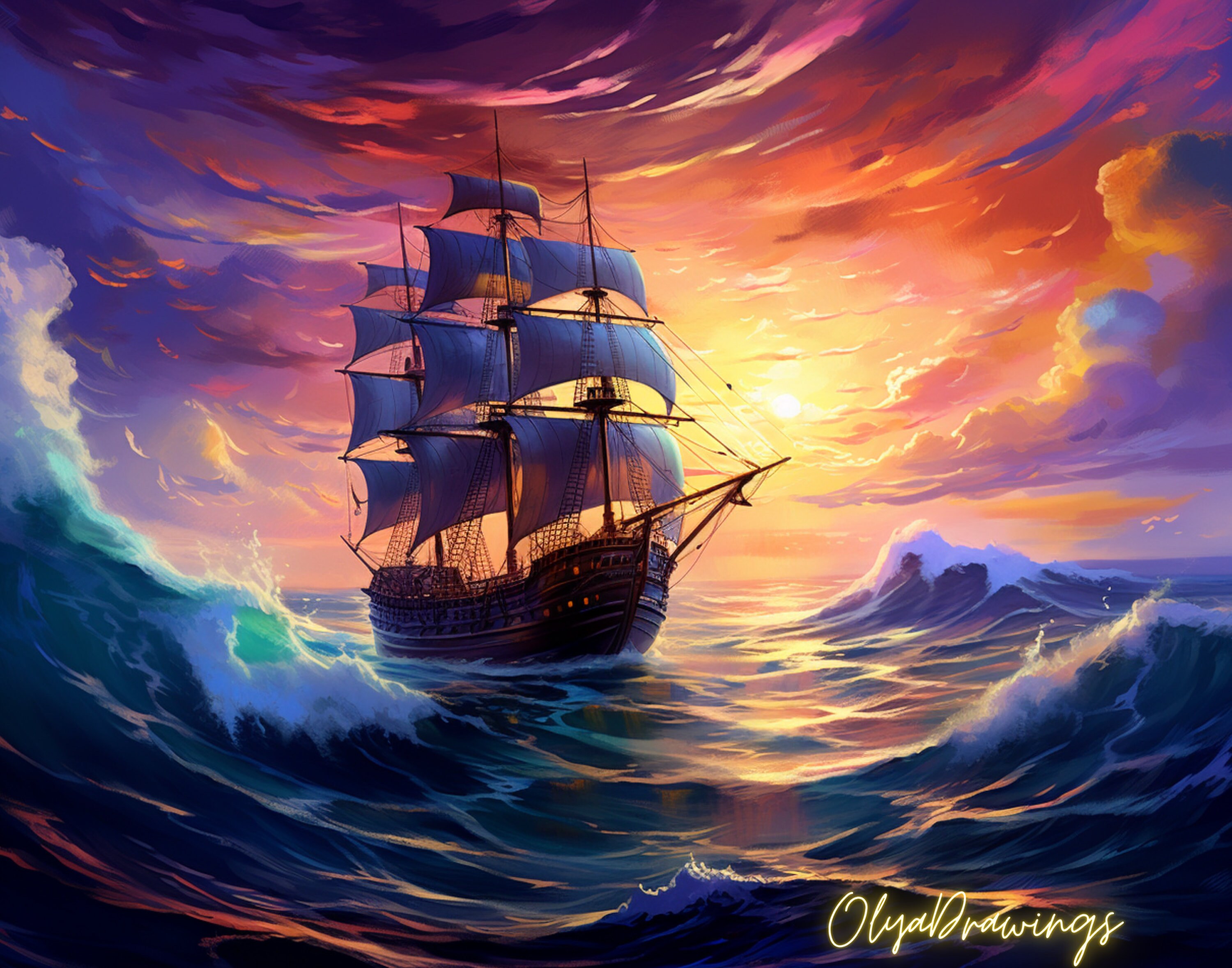 Sailing ship  Set of 4 Sailboat at sunset Pirate ship Digital art prints Ship art printing Digital art printing Wall art for printing
