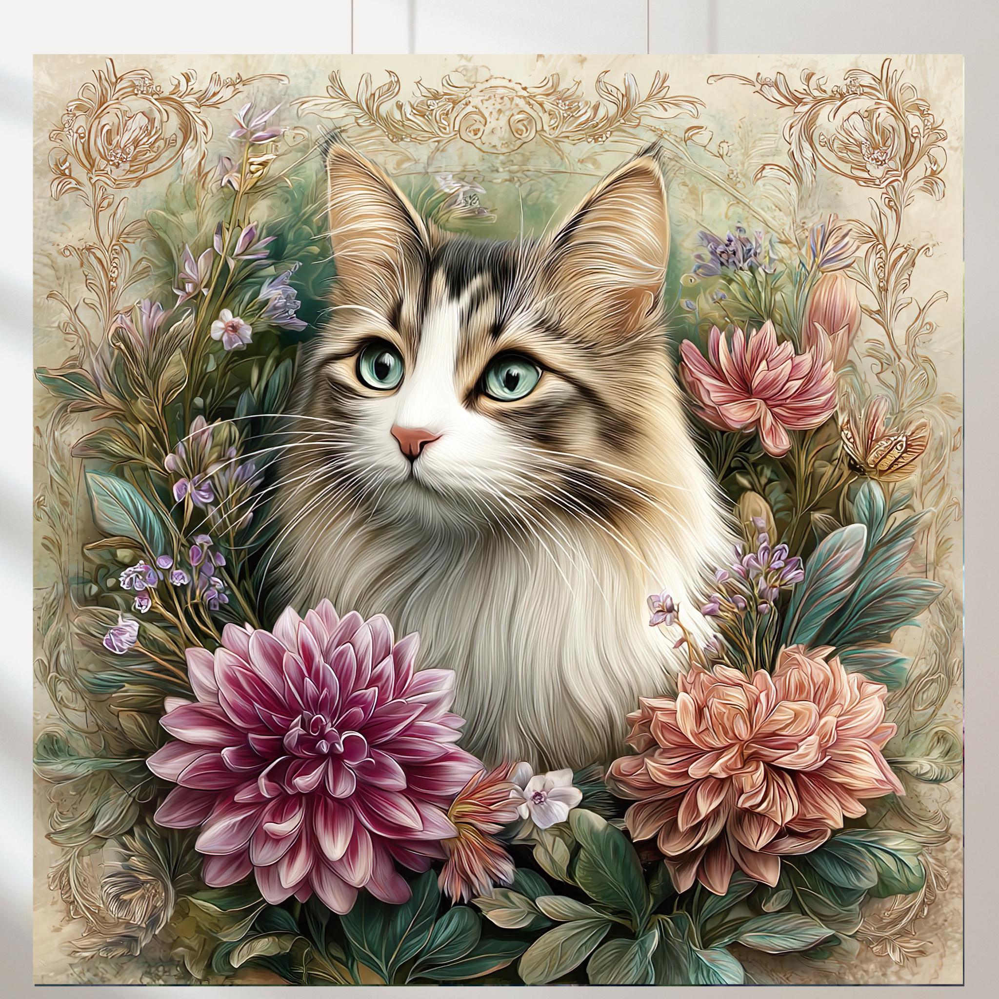 ノルウェージャンフォレストキャットの水彩画：緑の猫の肖像画