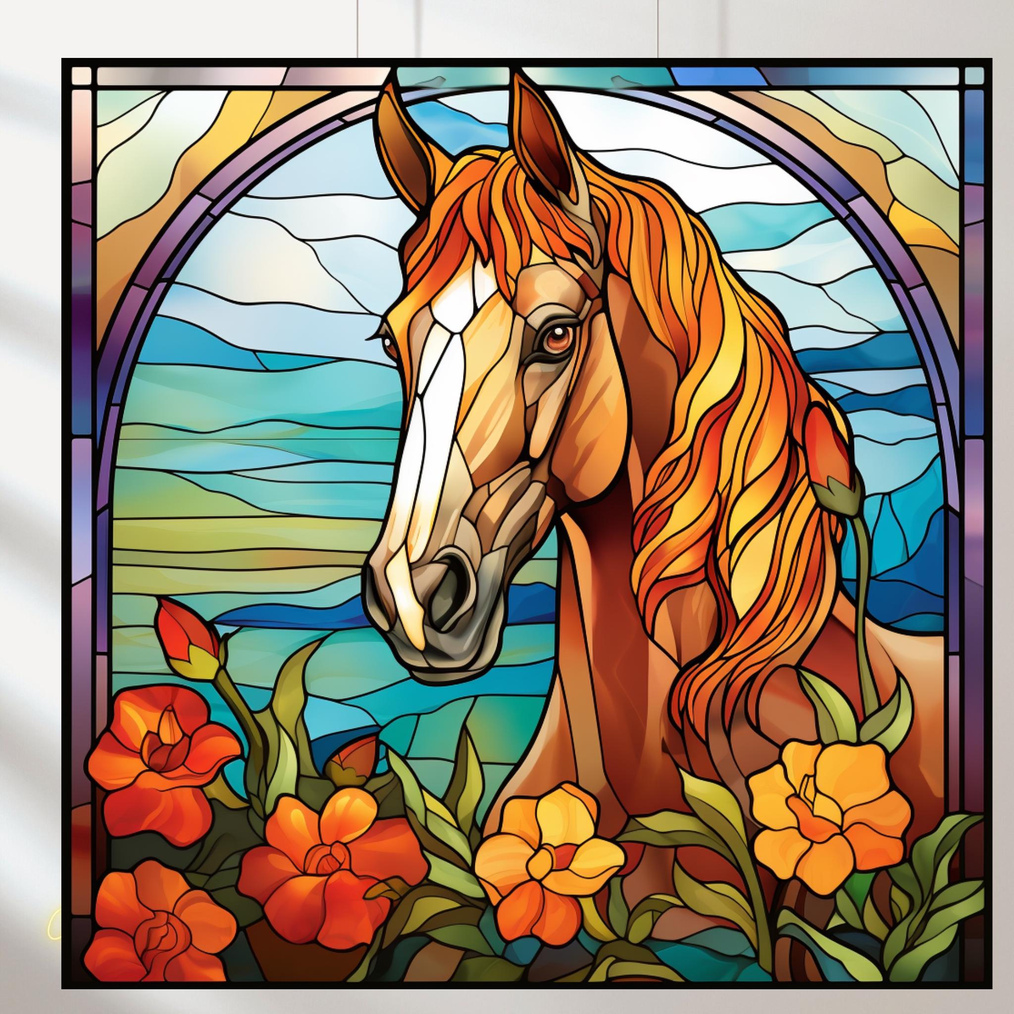 馬のステンドグラスアートプリント5枚セット：動物テーマ（デジタル