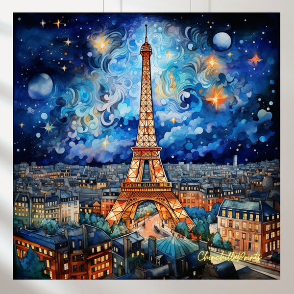 Paris at night, Eiffel tower, night city poster, night eiffel tower, night lights, france art, paris art print, night starry sky