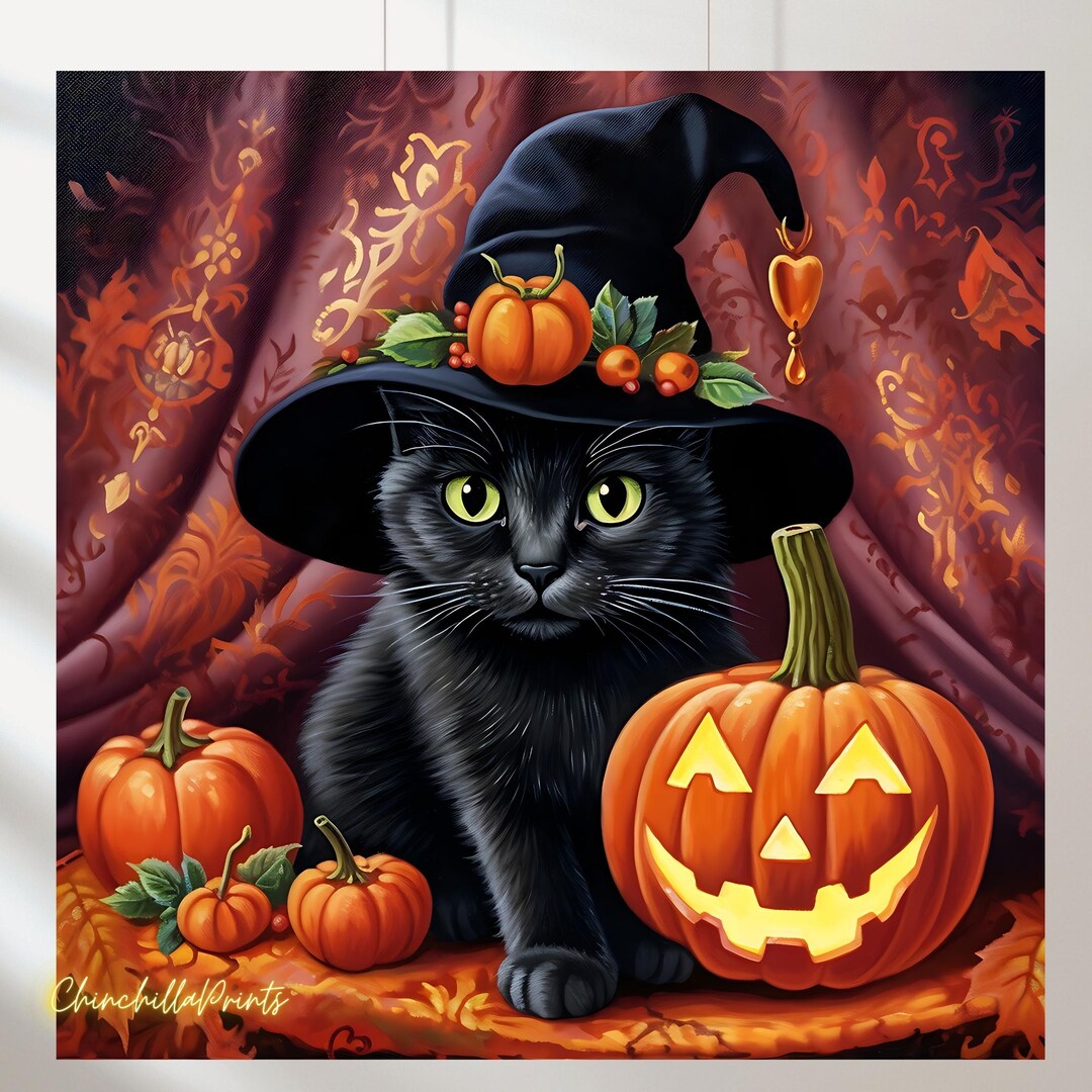 Cat in a Witch Hat With Pumpkin Set of 4, Halloween, Commercial Use ...