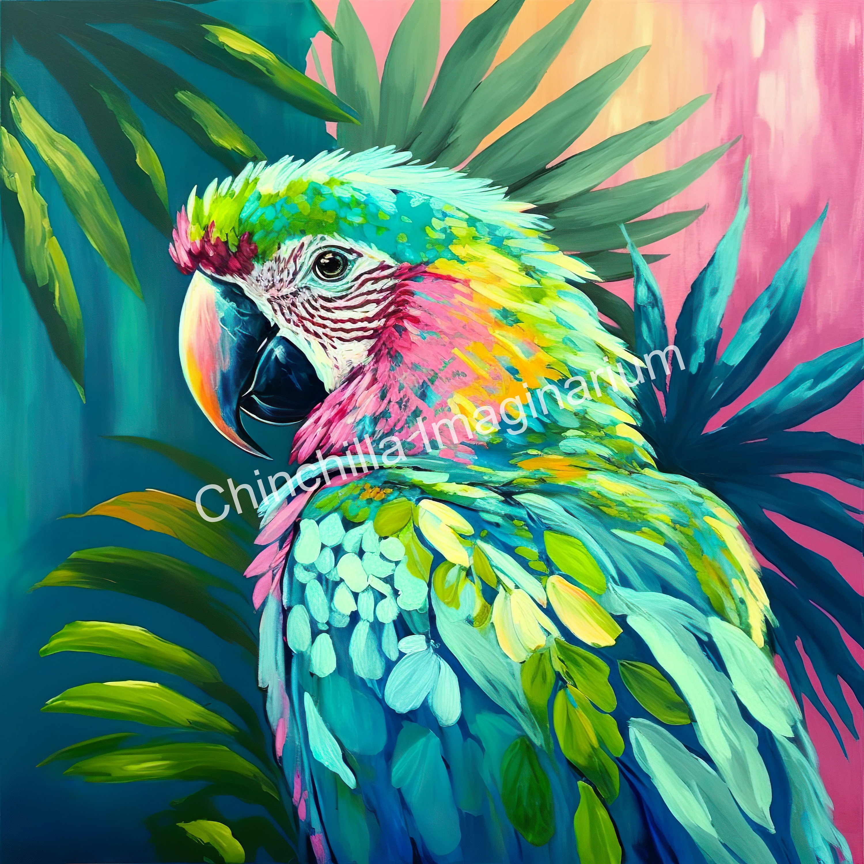 水彩画「オウムの肖像」：カラフルな鳥のイラスト（デジタル