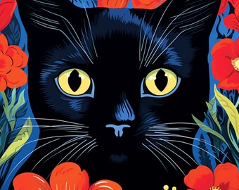 グスタフ・クリムト風猫アートプリント5枚セット：フラワーガーデン