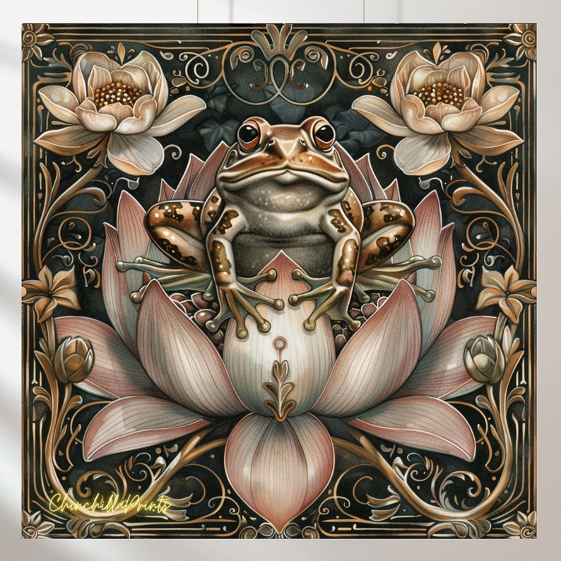 K&ouml;nnte beinhalten: Ein quadratischer Kunstdruck mit einer detaillierten Illustration eines Frosches auf einer Lotusblume. Der Frosch ist braun und tanfarben, die Lotusblume ist zartrosa. Der Hintergrund ist dunkel mit goldenen floralen Akzenten und dem Text "Churchill Prints".