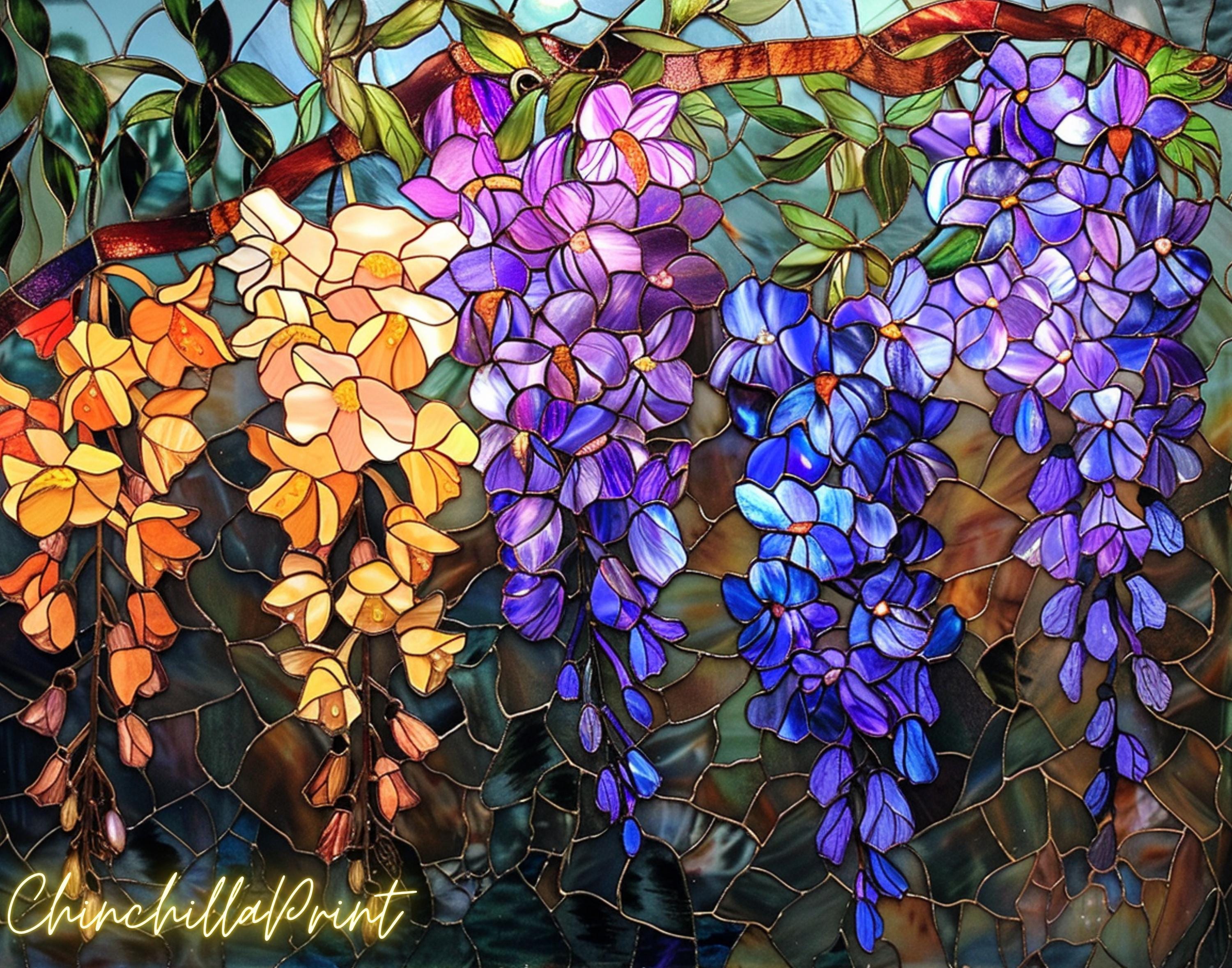 Flower Stained Glass Set of 5, Stained Glass, Wisteria, Blue