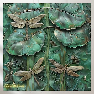 May include: A square wall art piece featuring a detailed relief of dragonflies and lily pads. The dragonflies are metallic gold, and the lily pads are a textured green. The artwork has a 3D effect, with the dragonflies appearing to hover over the leaves.