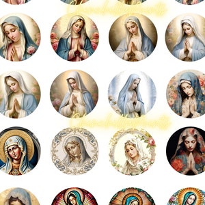 May include: A set of 16 round, colorful images featuring a depiction of the Virgin Mary in various poses and settings. The images are perfect for crafting projects, scrapbooking, or adding a touch of faith to your home decor.