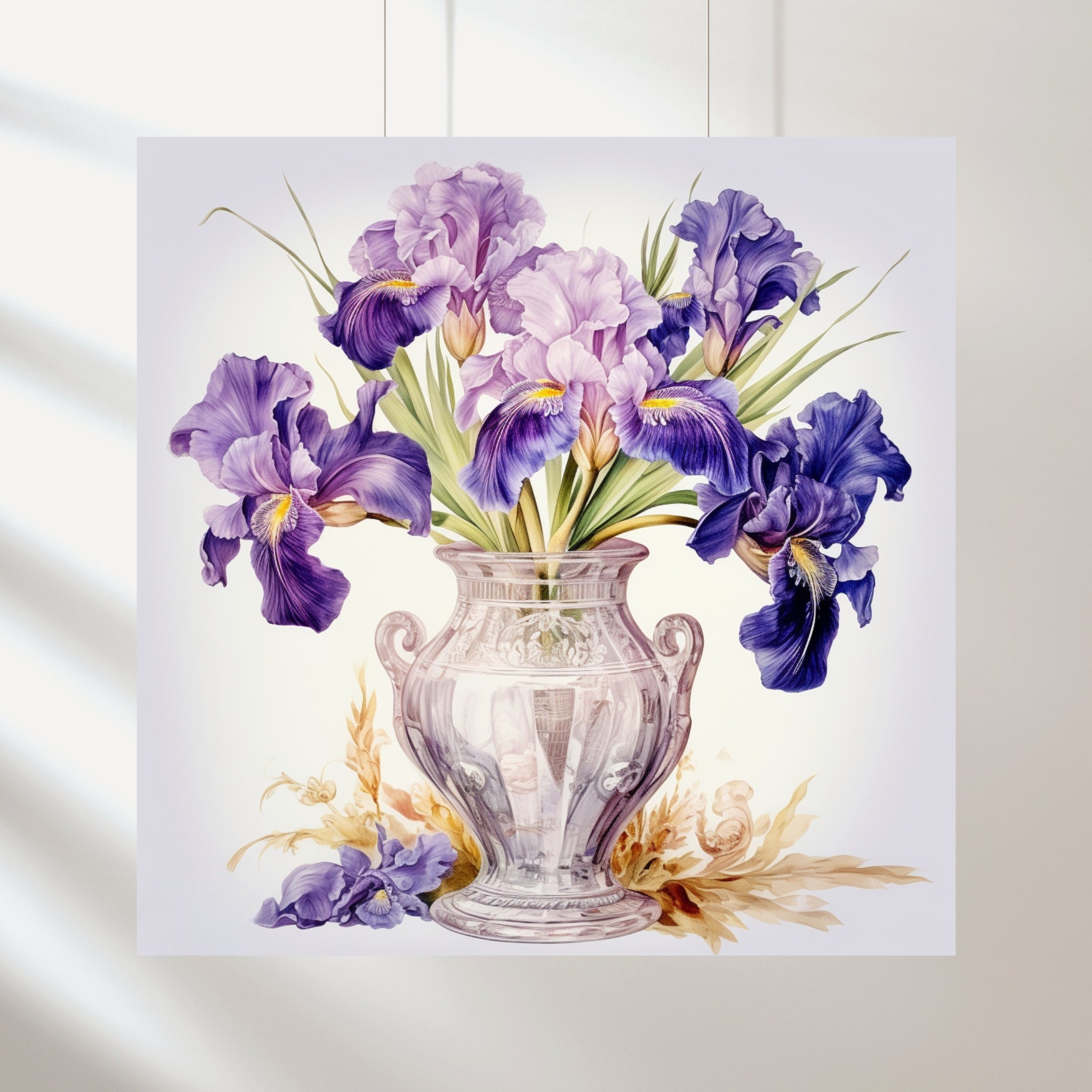 シャビーシックな花瓶に入った5つの水彩画のアイリスのセット クリップ