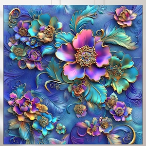 May include: A vibrant floral design featuring dimensional flowers in shades of blue, teal, pink, and gold. The artwork showcases intricate details and a textured background, creating a visually rich and decorative piece.