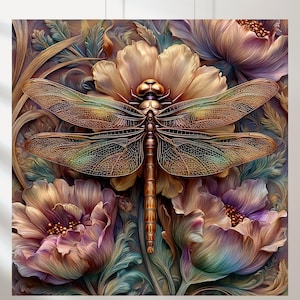May include: A detailed artwork featuring a bronze-colored dragonfly with iridescent wings, set against a backdrop of large, stylized flowers in shades of peach, purple, and green. The artwork has a textured, almost embossed appearance.
