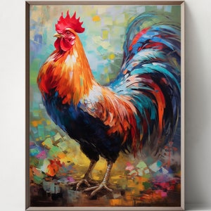 Puede incluir: Pintura enmarcada de un gallo. El gallo tiene plumas vibrantes de color naranja, rojo, azul y verde. La obra de arte utiliza pinceladas gruesas y un fondo abstracto colorido. El gallo está de pie, mirando hacia la izquierda.