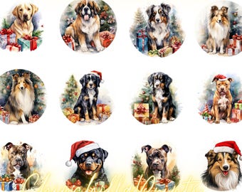 45mm 40mm 30mm 25mm Dog in Santa Hat Printable Images: Circle Cabochons
