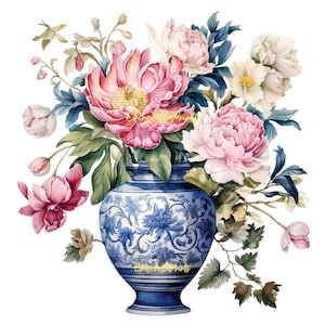 Set of 9 Chinoiserie watercolor vase, Chinese art style, mid-century clipart Chinoiserie style watercolor vase, Chinoiserie JPG files