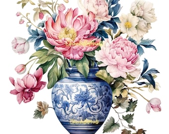 Set van 9 chinoiserievaas aquarel clipartset: Chinese kunst (JPG-bestanden)