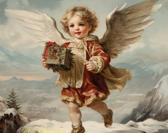 Shabby Chic Vintage angel Angel on the roof with Christmas gifts New Year's gifts for children from the Angel, Watercolor angel with gifts