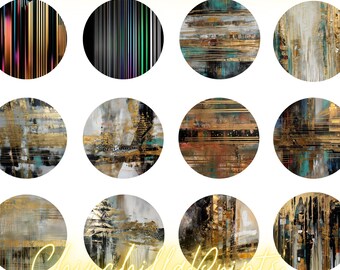 Puede incluir: Colección de impresiones artísticas abstractas en forma circular. Cada impresión presenta un diseño único con líneas verticales, pinceladas texturizadas y detalles dorados metálicos. El texto "ChinchillaPrints" se muestra en neón.