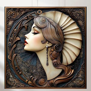 Puede incluir: Escultura en relieve enmarcada de estilo art déco. La obra presenta el perfil de una mujer con los ojos cerrados, labios rojos y cabello largo y suelto. La paleta de colores incluye bronce, crema y verde azulado. La mujer lleva un pendiente largo colgante.