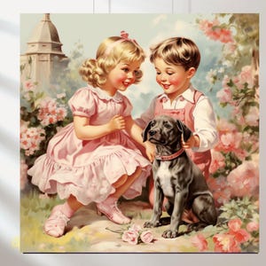 Conjunto de 5: Menina com Cachorro, Menina com Menino e Cachorro, Ilustrações Shabby Chic, Desenhos Vintage, Imprimíveis, Cartões Quadrados Digitais