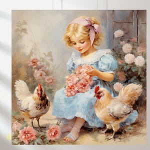 Lot de 5 filles avec un poulet, fille avec un canard, canard, paysage de campagne, illustrations shabby chic, dessins vintage, cartes postales anciennes