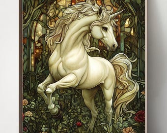 Unicorn, Stained glass, Art Nouveau, Art Deco William Morris
