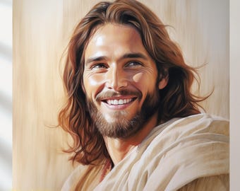 May include: A painting of a man with long brown hair and a beard, smiling and looking to the right. He is wearing a light brown robe. The background is a light brown wood.