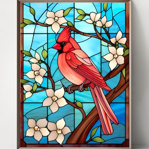 May include: A stained glass window design featuring a red cardinal perched on a branch with white flowers. The background is a blue sky.