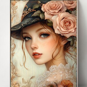 May include: A digital art print of a young woman with fair skin, freckles, and blue eyes. She wears a dark hat adorned with gold accents and pink roses. Her off-white lace top and the soft background create a vintage aesthetic.