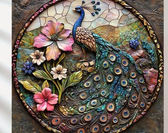 Conjunto de 5 pôsteres de pavão Art Nouveau, design de azulejo 3D (download digital)