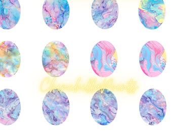 May include: A collection of oval-shaped designs with swirling patterns. The designs feature a variety of colors, including green, gold, blue, pink, and purple, creating a marbled effect. The text "ChurchillaPrints" is visible in a yellow font.