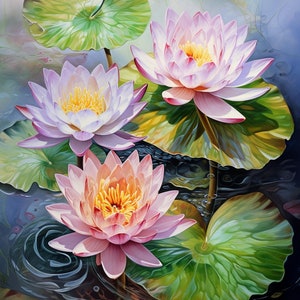 Set of 8 Lotus Flower Wall Art Print, Japanese Lotus Art Illustration, Lotus Wall Art Lotus Flower Print Lotus Pink Water Lily Watercolor
