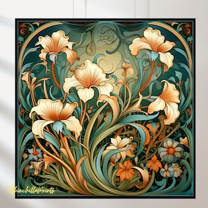 May include: An Art Nouveau style art print with a square format. It depicts cream lilies with orange highlights, set against a teal and green backdrop. The artwork is framed with a black border, showcasing a floral design.