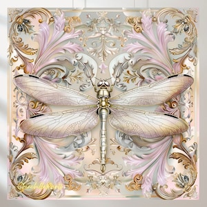 May include: A delicate dragonfly with iridescent wings is depicted against a background of ornate, gold and pink floral patterns. The dragonfly's body is silver and its wings are translucent with a hint of pink.