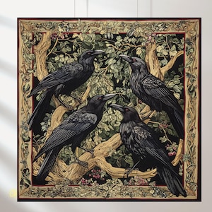May include: A square tapestry featuring four black ravens perched on tree branches, set against a dark background with green foliage and a decorative border. The ravens have red eyes and are intricately detailed.