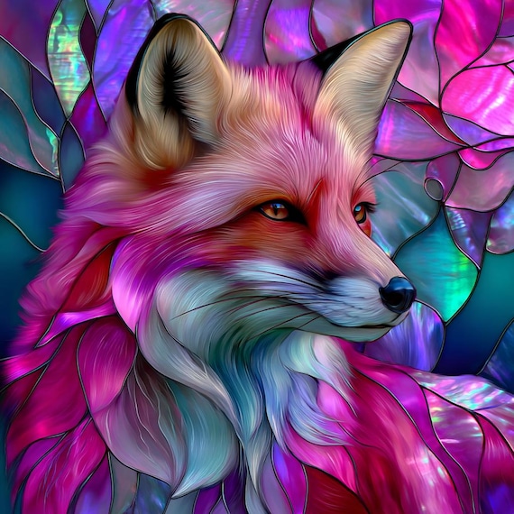 ステンドグラス　pink fox Set of 5 Pink Fox, Stained Glass With Glitter - Etsy