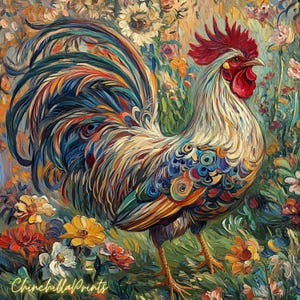 May include: A colorful rooster with a long, flowing tail stands in a field of flowers. The rooster is painted in a vibrant style with shades of blue, green, red, yellow, and orange. The flowers are a mix of colors, including pink, purple, and white.