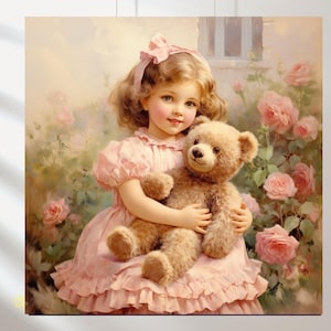 Meisje met konijn Set van 20, meisje met teddybeer, shabby-chic illustraties, vintage tekeningen, gedrukte afbeeldingen, digitale vierkante kaarten