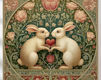 4er Set Jugendstil Hasen Druck, William Morris Valentinstag Stil (digitaler Download)