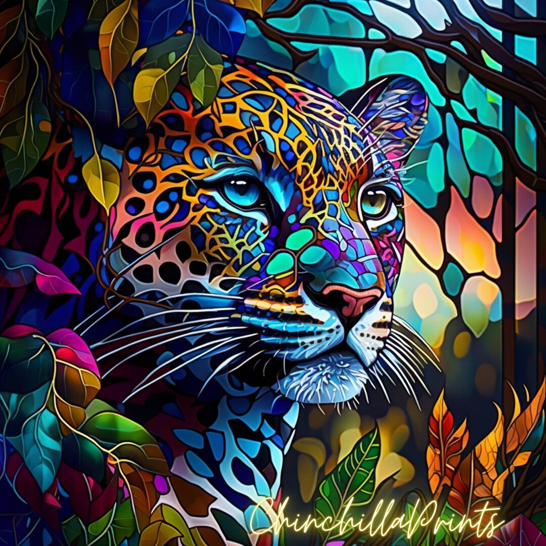 Set of 3 Stained Glass Jaguar Print: Tropical Mosaic Wall Art