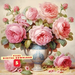 Shabby Chic Pink Rose Vintage Roses in a clay vase in shabby chic style vintage card for decoration Watercolor vintage roses Set of 5