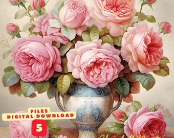 Shabby Chic Pink Rose Prints: Vintage Watercolor Set of 5 (Digital Download)