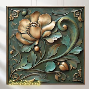 May include: A decorative wall art piece featuring a gold and green floral design with a raised, textured surface. The design includes a large flower with intricate details and swirling leaves.