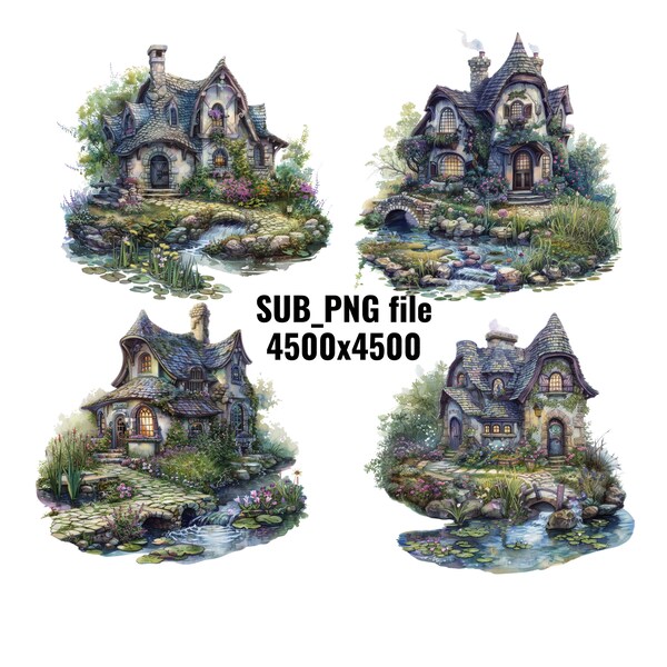 Fairytale house with a pond in shabby chic style - 5 high-quality sublimation watercolor cliparts - for making albums, drawings on cups