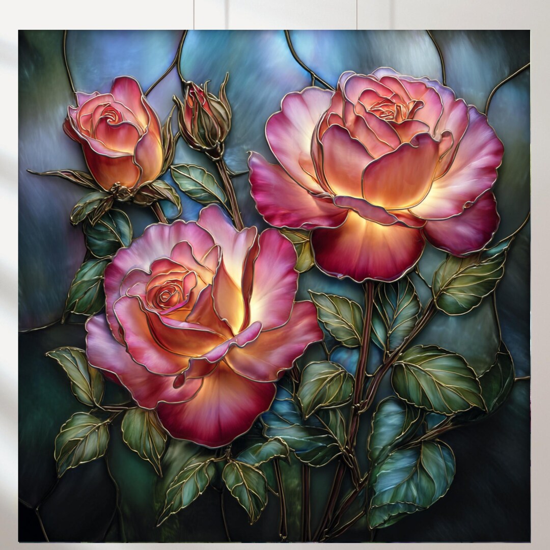 Stained Glass Roses Print Set of 5: Botanical Wall Art (instant ...