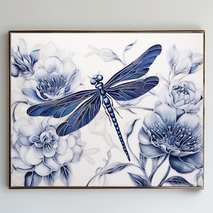 Puede incluir: Una libélula azul con alas intrincadas está posada sobre un fondo blanco con diseños florales azules. Las alas de la libélula están detalladas con un efecto brillante.