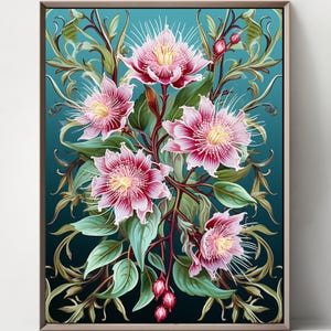 May include: A framed floral art print featuring a bouquet of pink and white flowers with yellow centers, set against a teal background. The artwork includes green leaves and vines, with a wooden frame.