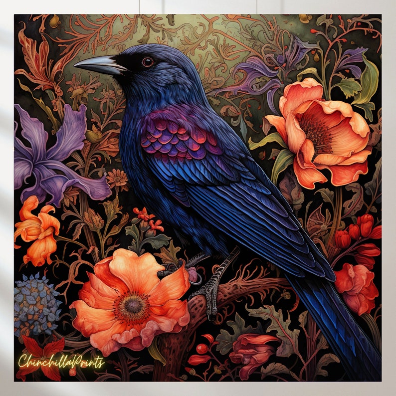 May include: A vibrant print featuring a dark blue bird with iridescent purple and blue feathers perched on a branch, surrounded by orange and purple flowers and foliage. The artwork has a vintage style with the text "ChinchillaPrints" in the bottom left corner.