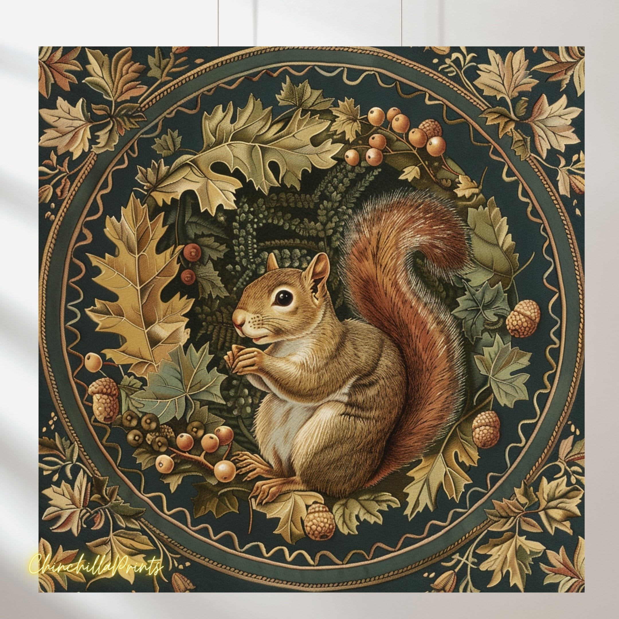 Squirrel Set of 4 Art Nouveau by William Morris, Squirrel in the Forest