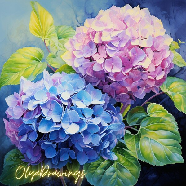 Hydrangeas blue hydrangea large-leaved hydrangea oil painting hydrangea petals Set of 3 prints digital download - Set of 5