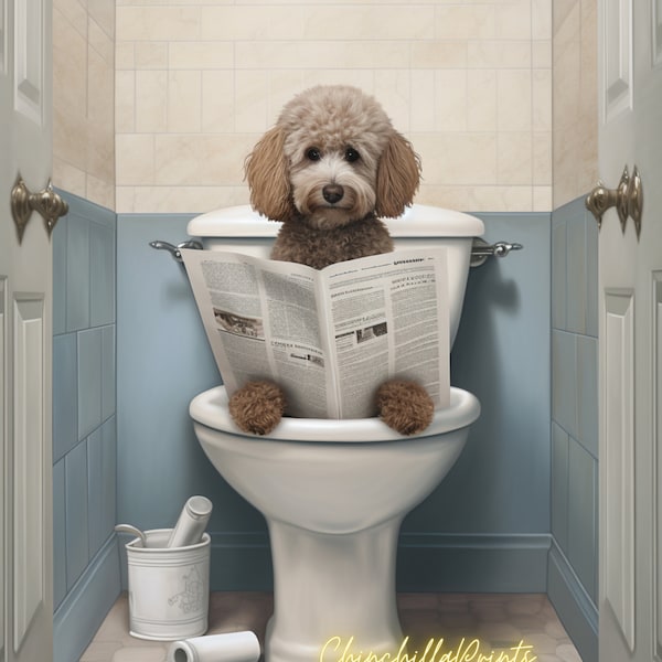 Chien caniche assis sur les toilettes et lisant le journal Décoration murale amusante dans la salle de bain Impressions d'animaux amusantes et insolites - Ensemble de 7 images clipart